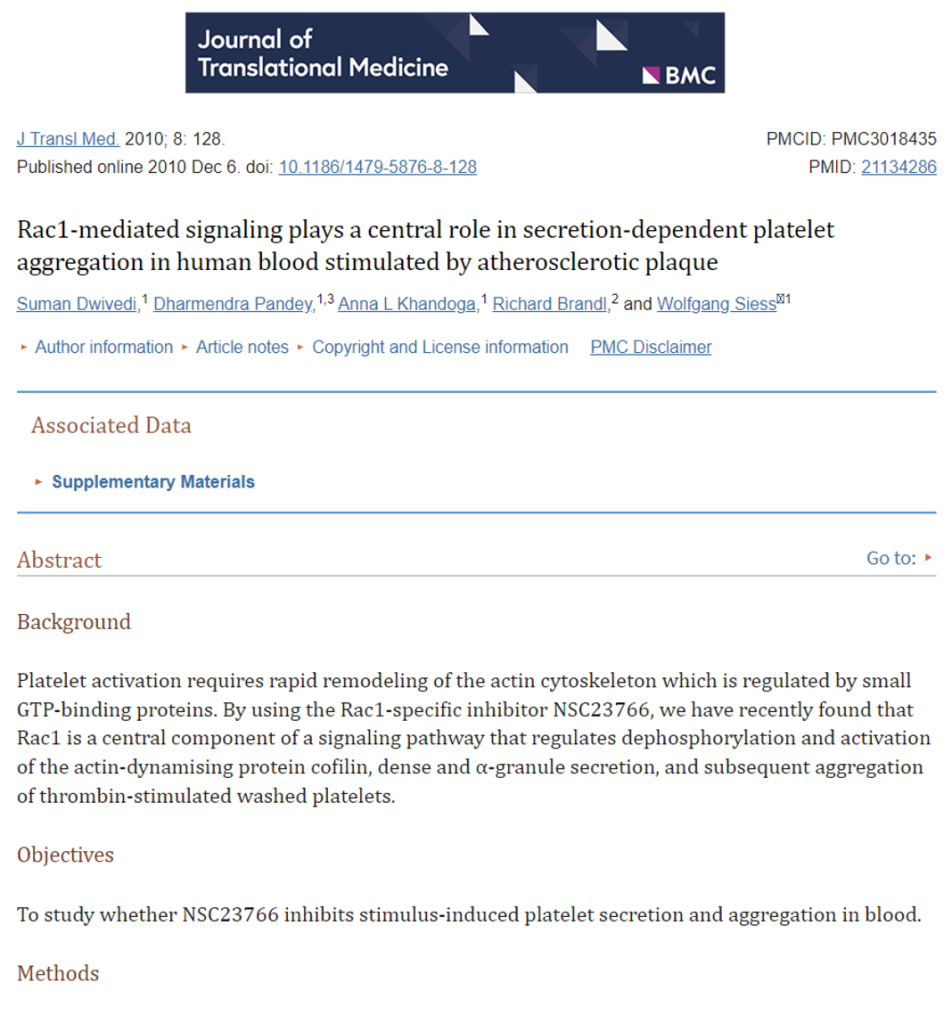 Rac1 mediated signaling plays a central role in secretion dependent platelet aggregation in human blood stimulated by atherosclerotic plaque