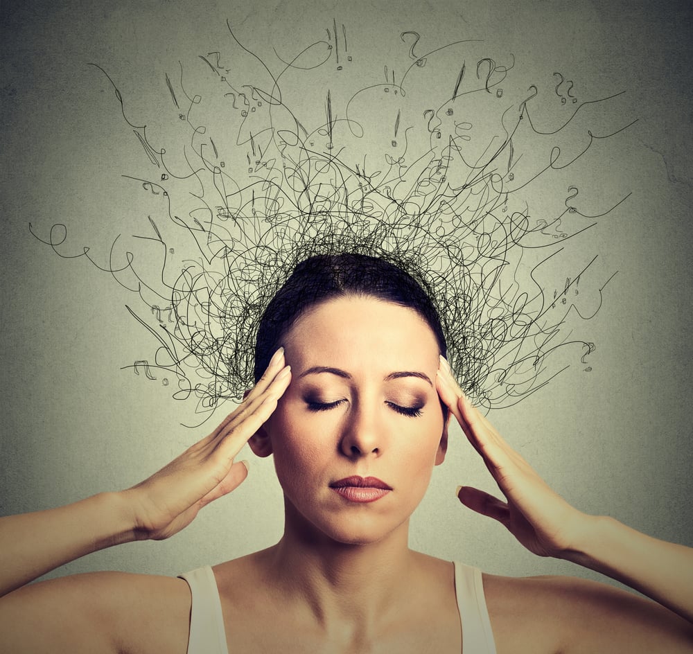 closeup young woman with worried stressed face expression eyes closed