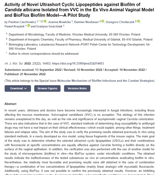 Activity of Novel Ultrashort Cyclic Lipopeptides against Biofilm of Candida albicans Isolated from VVC in the Ex Vivo Animal Vaginal Model and BioFlux Biofilm Model—A Pilot Study
